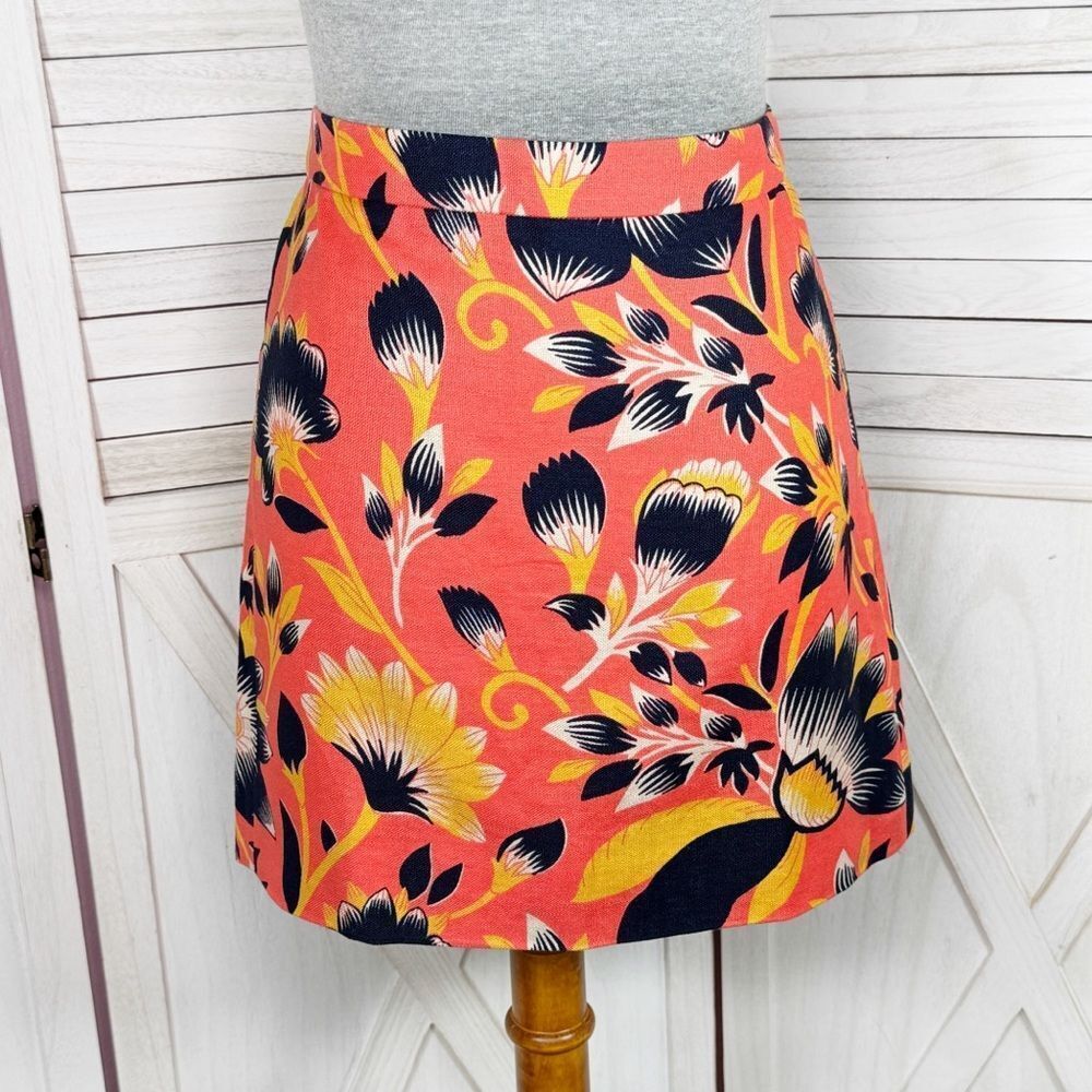 J. Crew Hibiscus Floral Linen‎ Blend A Line Mini Skirt Coral Orange Size 2